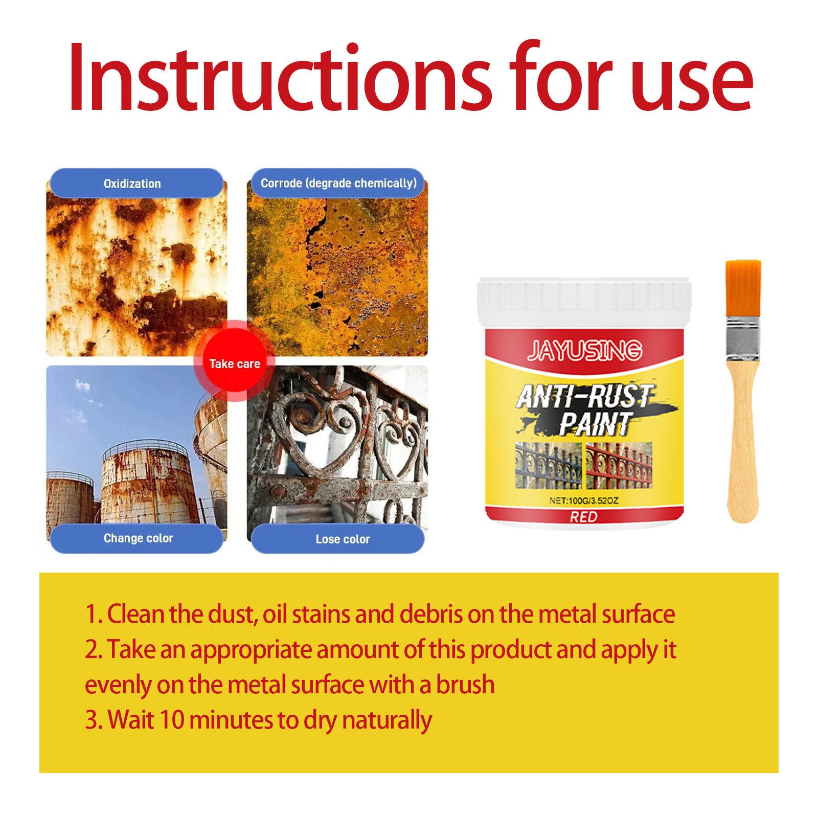 Jayusing Red Rust Removal Paint, Iron Door Railing, Metal Anti-Rust Cleaning And Renovation, Anti-Rust Coating Primer