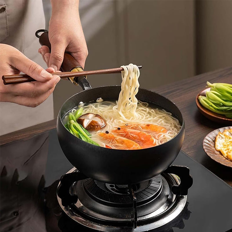 Hand-Forged Iron Wok 24/28cm Uncoated with Wood Lid for Induction Gas