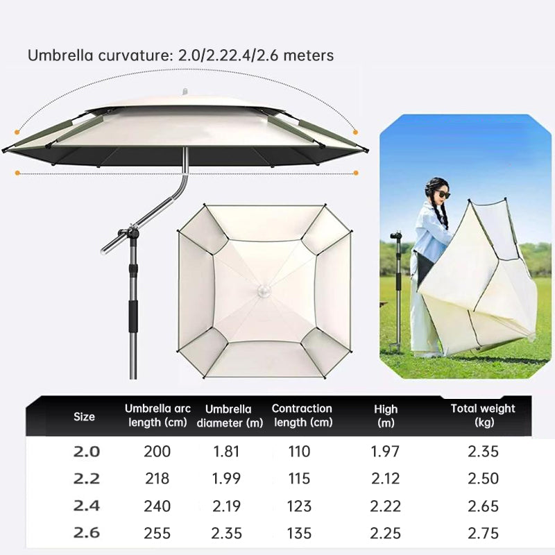 2.0-2.6m Octagonal Fishing Umbrella Portable Beach Sun Shade Camping Parasol UV Waterproof with Carry Bag