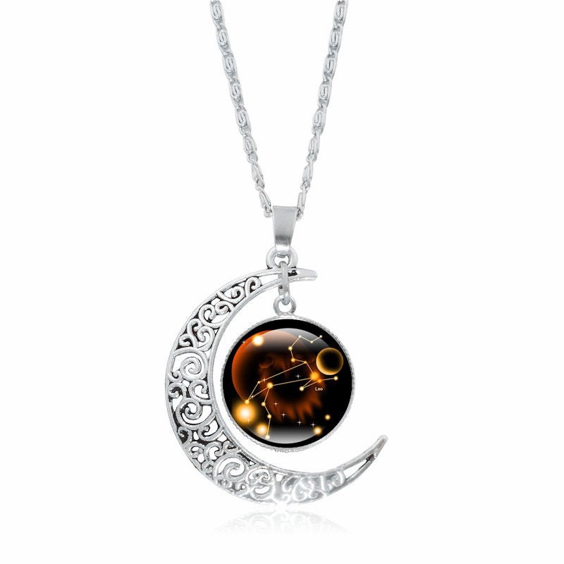 Zodiac Time Gem Luminous Necklace for Women, Simple Silver Moon Pendant Choker